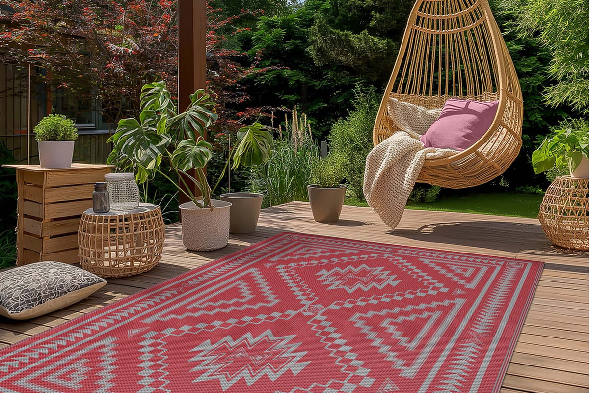 Calvex Diamond Geometric Reversible Outdoor Rug in red and gray on a sunny backyard deck with an egg chair