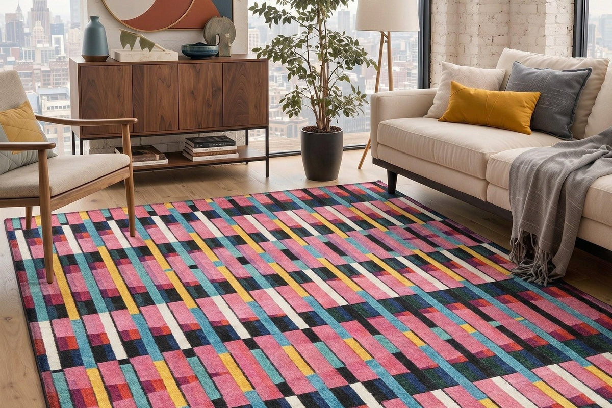 Arcola Geometric Striped Multicolor Rug in pink, teal and yellow between a cream sofa and armchair with a city view