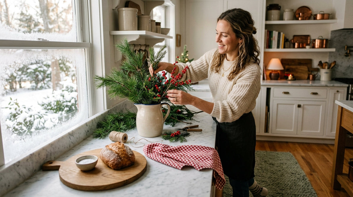 Christmas kitchen decor with fresh greenery and red berries in a pitcher on a marble counter