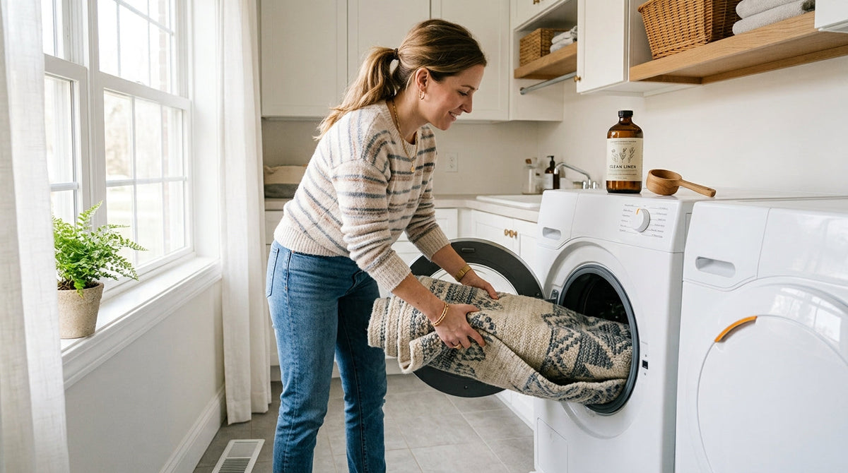 Loading a folded area rug into a front-load washing machine in a bright laundry room