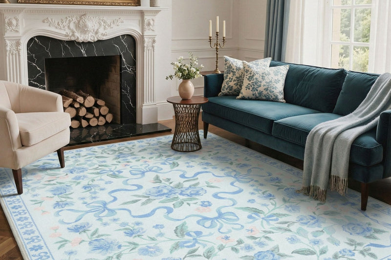 Florine Vintage Floral Bows Blue Rug in front of a teal velvet sofa, carved marble fireplace and brass candelabra