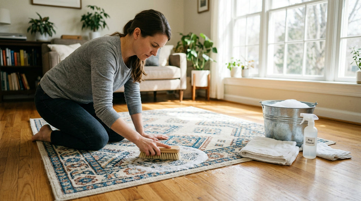 A person kneeling on a hardwood floor scrubbing a blue and ivory patterned area rug with a soft-bristle brush and soapy water