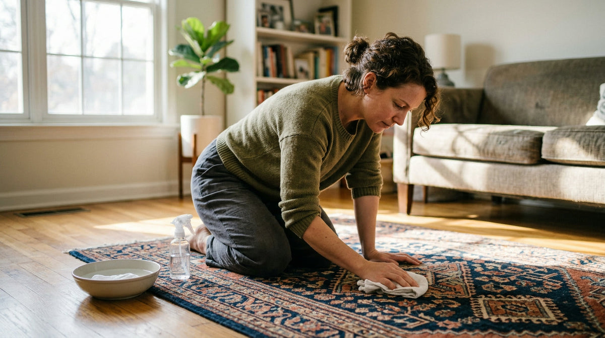 A woman kneeling on a patterned area rug in a sunlit living room, blotting a spot with a white cloth beside a spray bottle and bowl