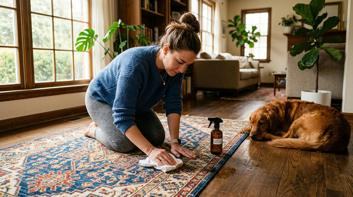 A person kneeling on a hardwood floor, blotting a damp spot on a patterned area rug with a white cloth.