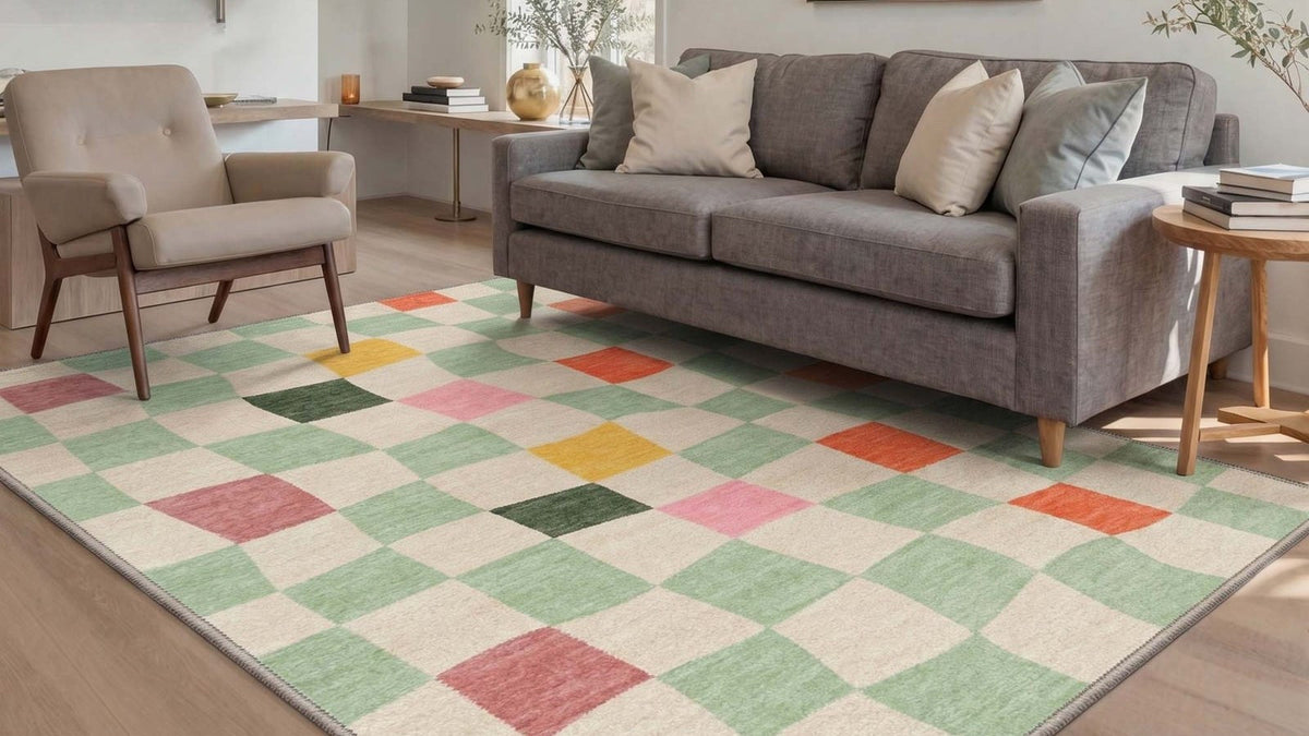 Mezra Wavy Checkerboard Beige Rug in green, cream, pink and orange under a gray sofa and beige armchair