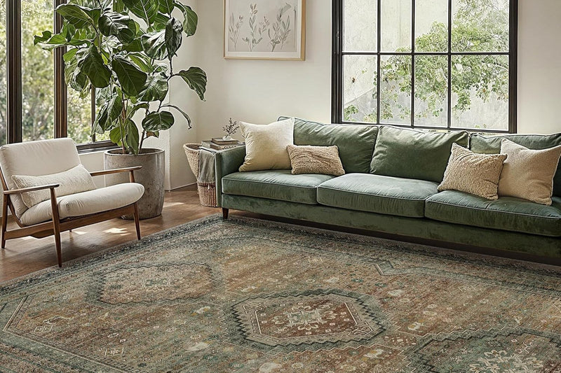 Claude Persian Vintage Area Rug in green and rust tones under a green sofa in a sunny living room with tall windows