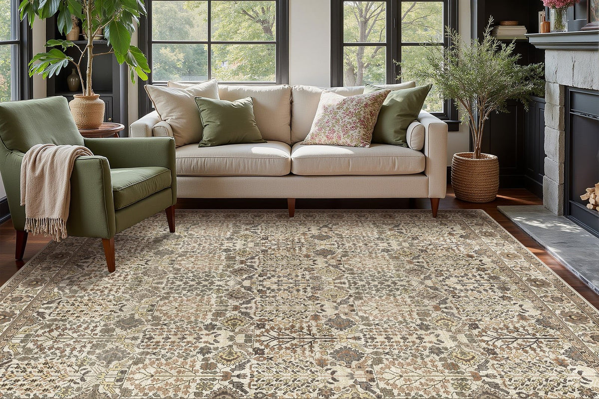Sona Vintage Boho Floral Brown Rug in a bright living room with a cream sofa, green armchair and tall windows