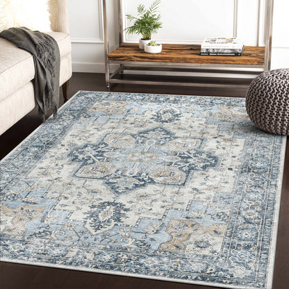 GENIMO Area Rug Machine Washable Distressed Vintage Print Blue