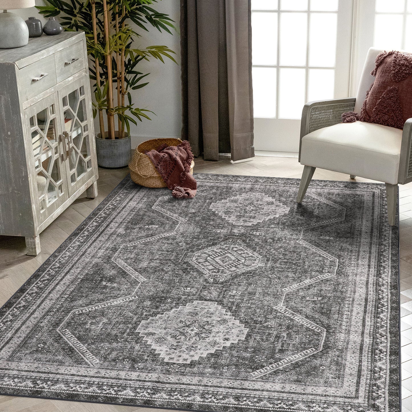 GENIMO Area Rugs, Non Slip Machine Washable Indoor Rug, Low Pile Chenille Print Mat for  for Living Room, Entryway,Hallway, Bedroom, Kitchen and Corridor, Gray