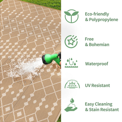 GENIMO Outdoor Boho Rug for Patio Clearance, Waterproof Reversible, Plastic Straw Mat, Brown & Beige