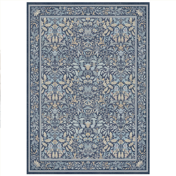 Runa Washable Vintage Floral Print Blue Rugs