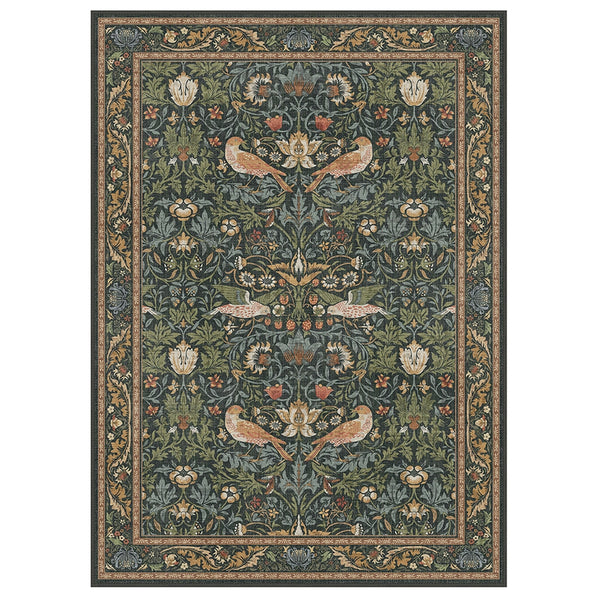Flavira Washable Vintage Floral Bird Green Rug