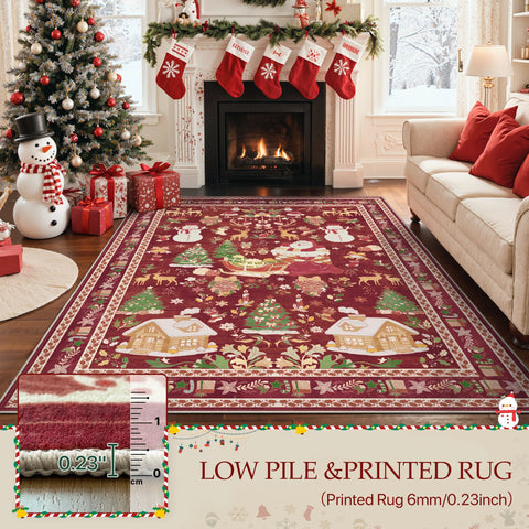 Alaric Christmas Washable Red Rugs with Santa and Pine