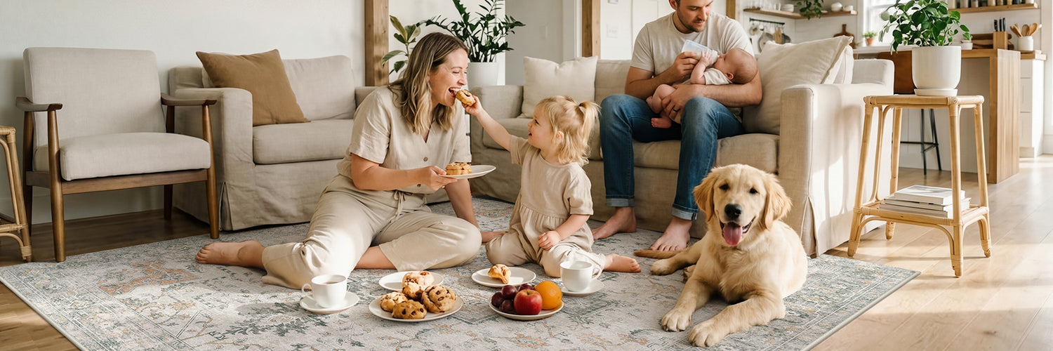 Family with a dog in a cozy living room