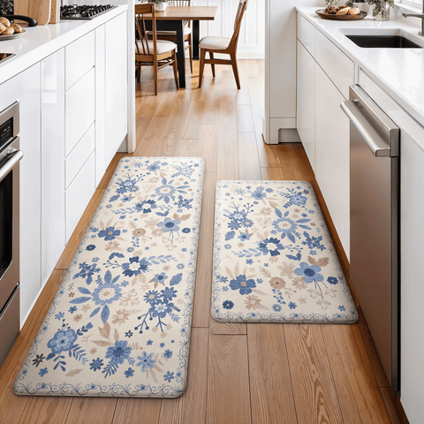 GENIMO 2Pcs Anti Fatigue Padded Kitchen Mats for Floor Floral Printed Washable Runner Rugs