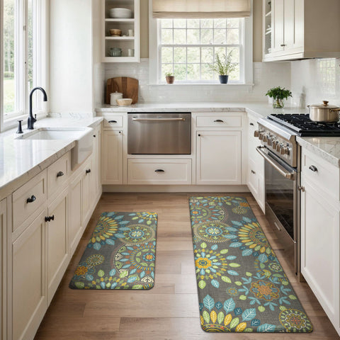 GENIMO 2Pcs Anti Fatigue Cushioned Kitchen Mats for Floor Floral Washable Runner Rugs
