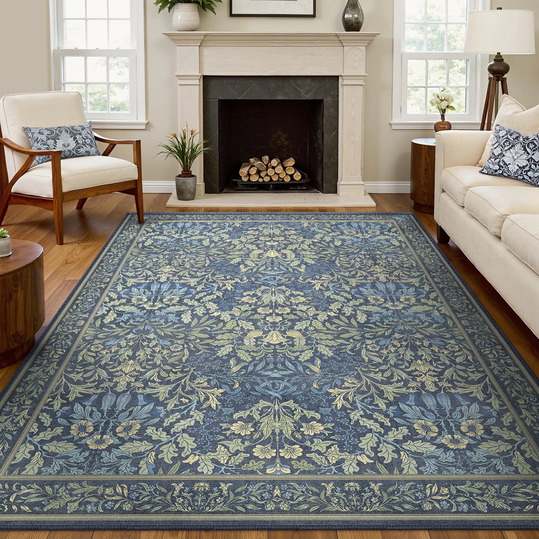 Runa Washable Vintage Floral Print Blue Green Rugs – GENIMO Runa Washable Vintage Floral Print Blue Green Rugs – GENIMO
