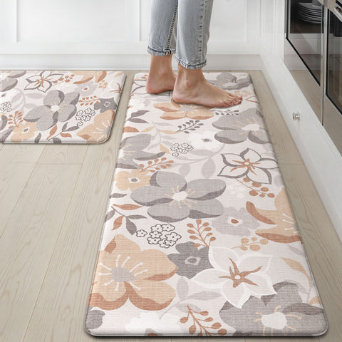 GENIMO 2Pcs Anti Fatigue Padded Kitchen Floor Mat Floral Washable Runner Rug for Sink