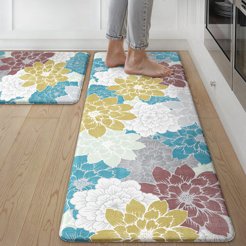 GENIMO 2Pcs Anti Fatigue Padded Kitchen Sink Mat Non Slip Washable Floral Runner Rug