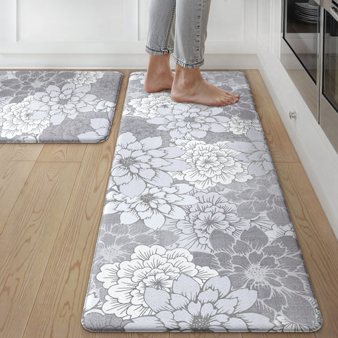 GENIMO 2Pcs Anti Fatigue Padded Kitchen Sink Mat Non Slip Washable Floral Runner Rug