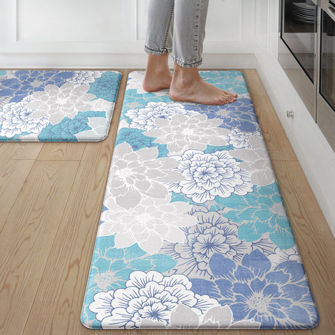 GENIMO 2Pcs Anti Fatigue Padded Kitchen Sink Mat Non Slip Washable Floral Runner Rug