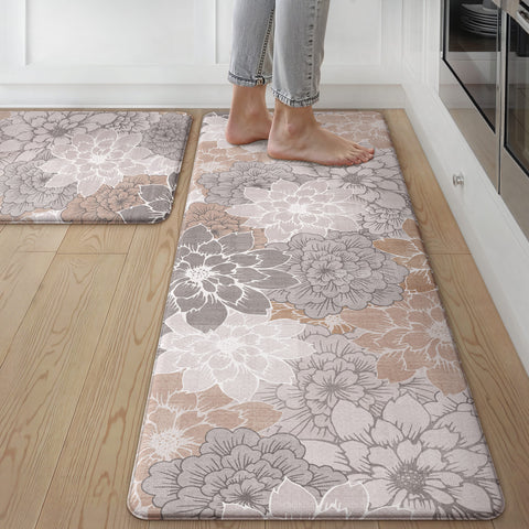 GENIMO 2Pcs Anti Fatigue Padded Kitchen Sink Mat Non Slip Washable Floral Runner Rug