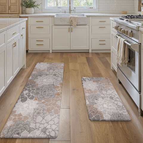 GENIMO 2Pcs Anti Fatigue Padded Kitchen Sink Mat Non Slip Washable Floral Runner Rug