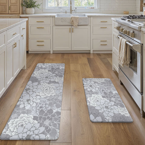 GENIMO 2Pcs Anti Fatigue Padded Kitchen Sink Mat Non Slip Washable Floral Runner Rug