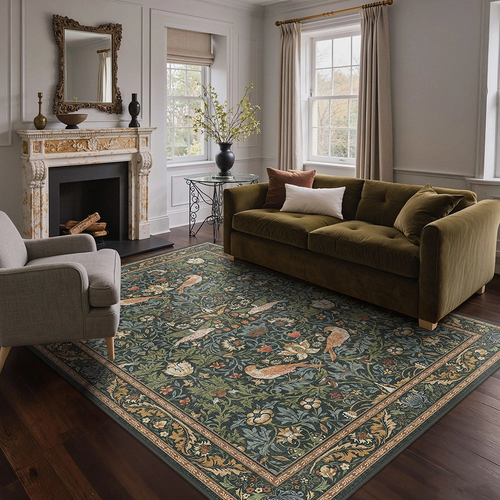 Flavira Washable Vintage Floral Bird Wool Rug Low Pile Kid & Pet
