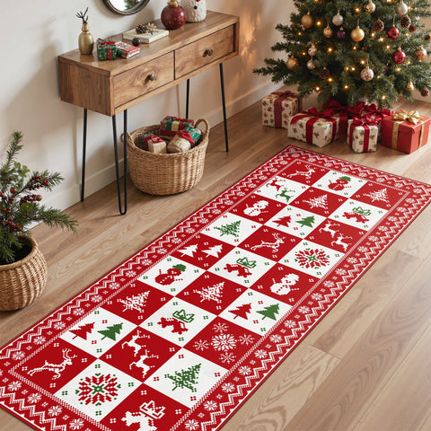 Evral Christmas Washable Wreath Tree Plaid Red Belgian Velvet Rug