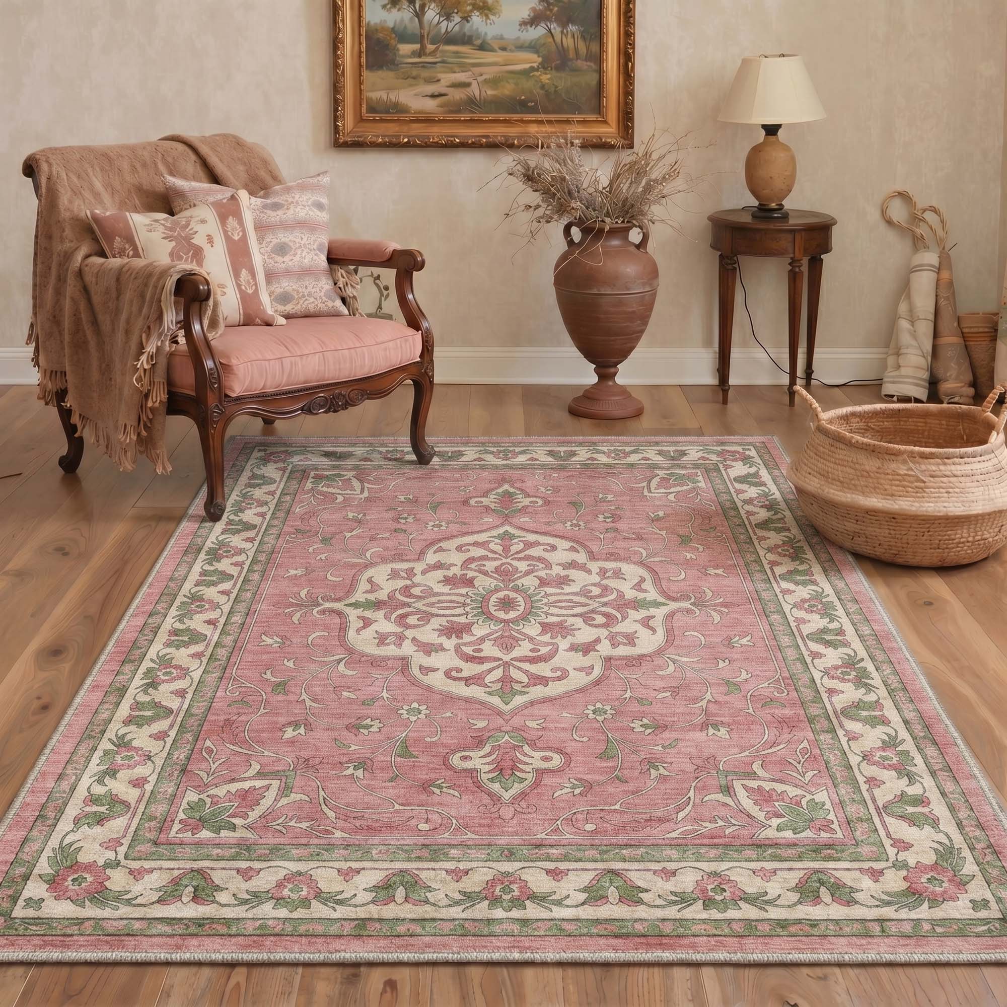 Darius Vintage Persian Pink & Green Rug - Washable & Non-Slip | GENIMO