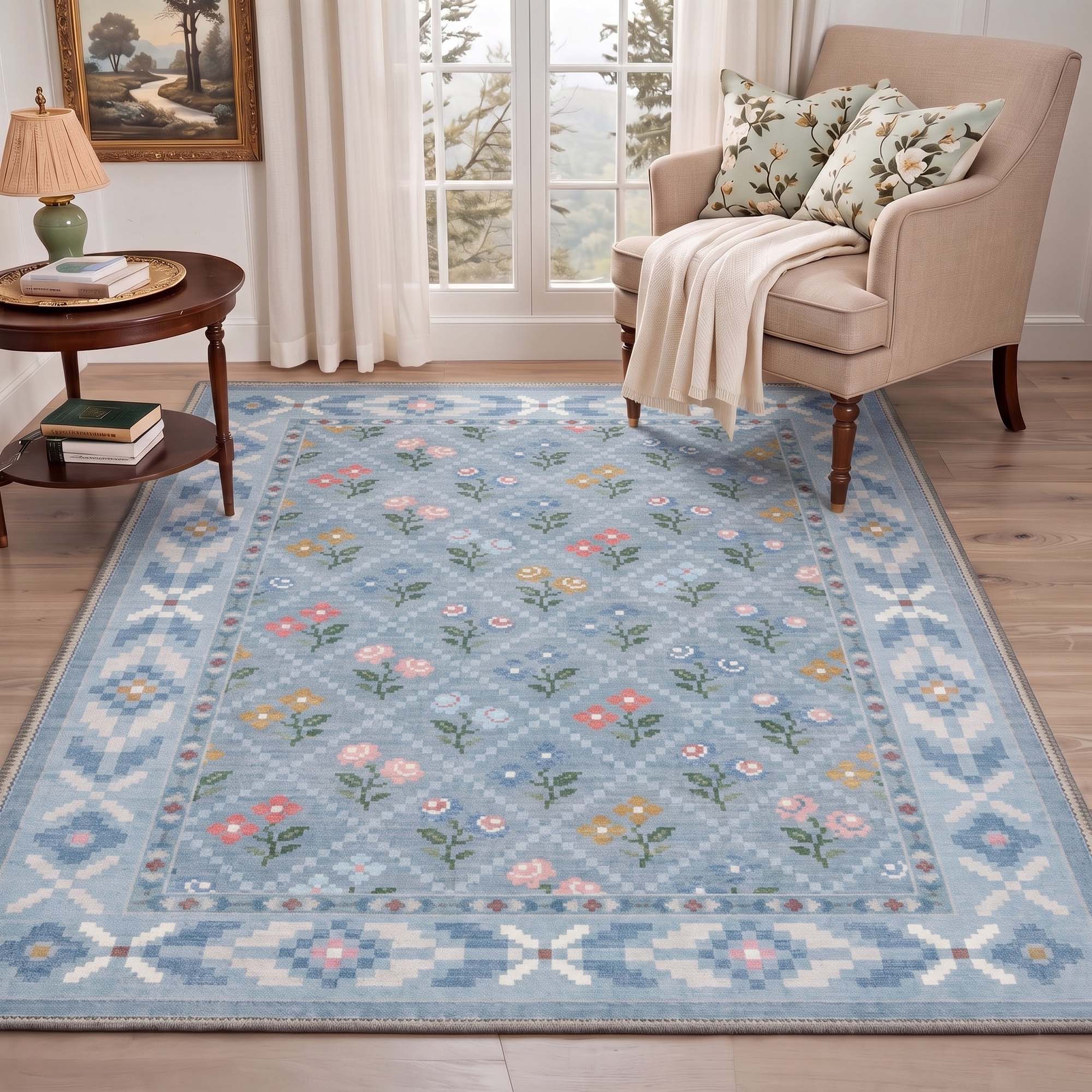 Petalia Floral Mosaic Light Blue Rug - Washable & Non-Slip | GENIMO