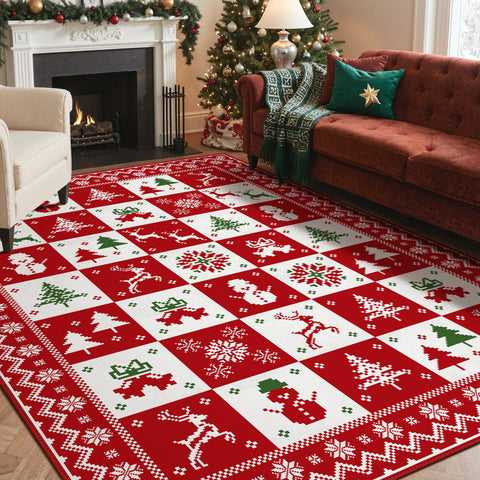 Evral Christmas Washable Wreath Tree Plaid Red Belgian Velvet Rug