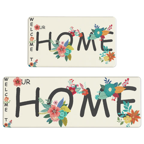GENINO 2PCS Cushioned Anti Fatigue Kitchen Mats for Floor with Flower Printed Waterproof Runner Rugs