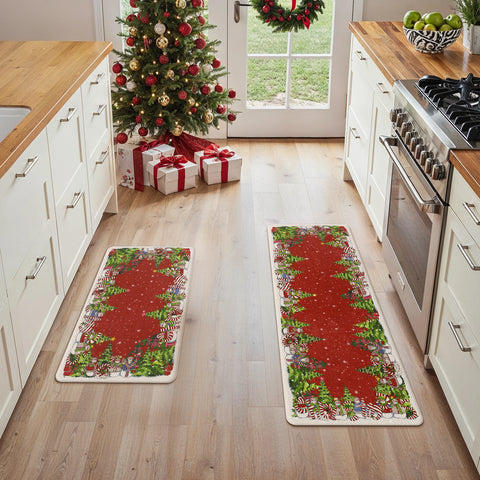 Starlit Christams Tree Padded Anti Fatique Red Kitchen Mat 2pcs