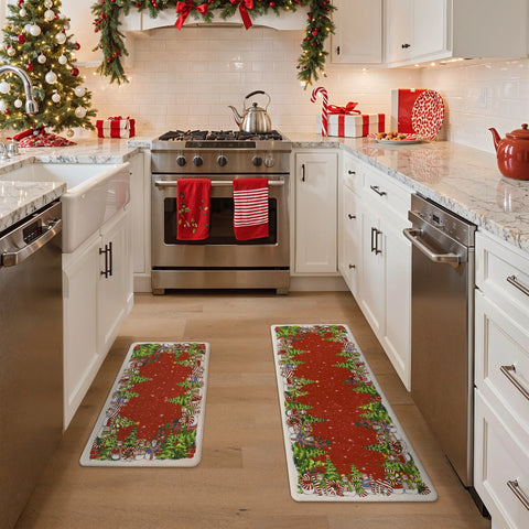 Starlit Christams Tree Padded Anti Fatique Red Kitchen Mat 2pcs