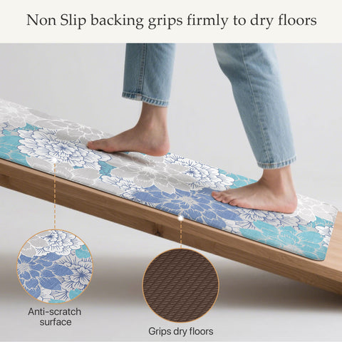 GENIMO 2Pcs Anti Fatigue Padded Kitchen Sink Mat Non Slip Washable Floral Runner Rug