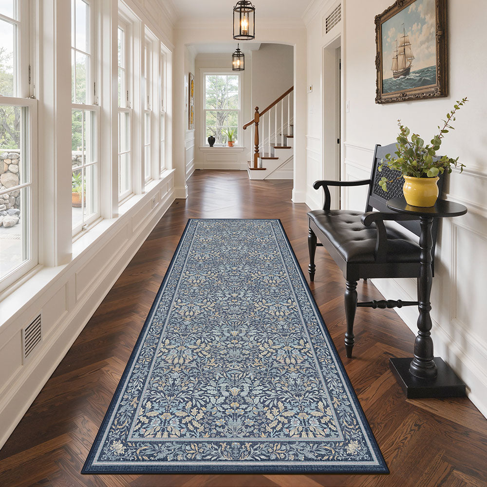 Runa Washable Vintage Floral Print Blue Rugs – GENIMO