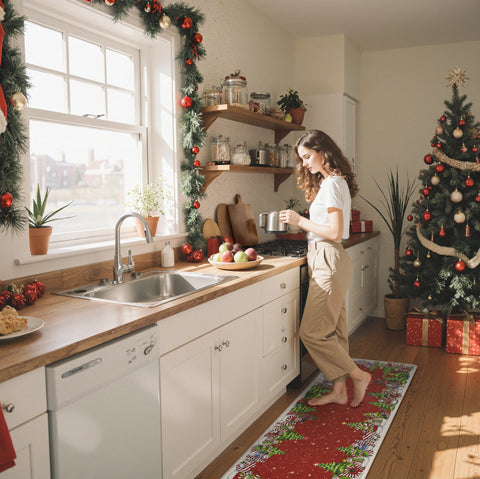 Starlit Christams Tree Padded Anti Fatique Red Kitchen Mat 2pcs