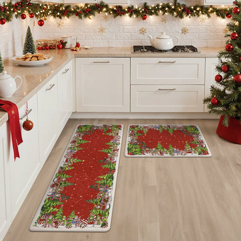 Starlit Christams Tree Padded Anti Fatique Red Kitchen Mat 2pcs