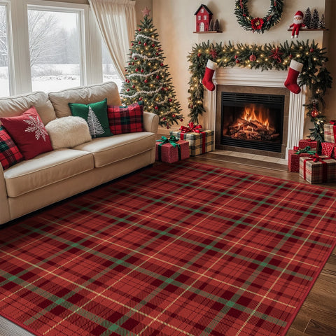 Valence Christmas Washable Classic Checkerboard Belgian Velvet Rug Red