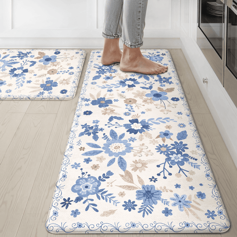 GENIMO 2Pcs Anti Fatigue Padded Kitchen Mats for Floor Floral Printed Washable Runner Rugs