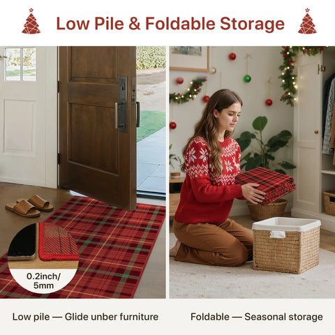 Valence Christmas Washable Classic Checkerboard Belgian Velvet Rug Red