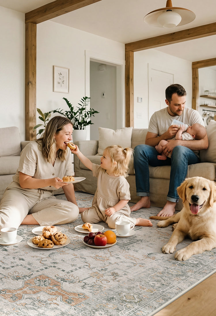 Family of four with a dog in a cozy living room