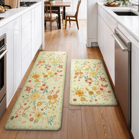 GENIMO 2Pcs Anti Fatigue Padded Kitchen Mats for Floor Floral Printed Washable Runner Rugs