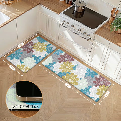 GENIMO 2Pcs Anti Fatigue Padded Kitchen Sink Mat Non Slip Washable Floral Runner Rug