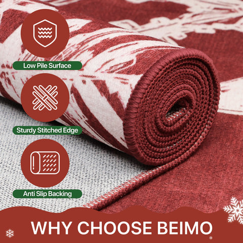 Elaria Christmas Washable Snowflake Red Belgian Velvet Rug