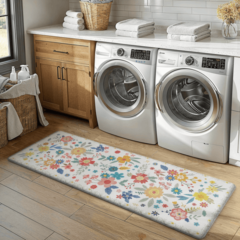 GENIMO 2Pcs Anti Fatigue Padded Kitchen Mats for Floor Floral Printed Washable Runner Rugs