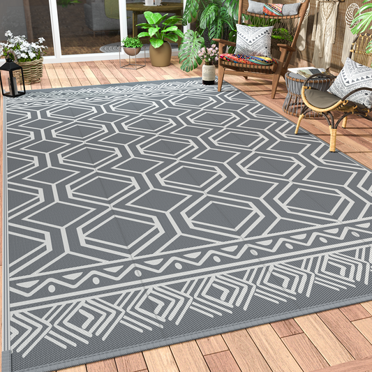 GENIMO Boho Outdoor Rug Waterproof for Patio Clearance, Reversible Camping Mat, Outside Plastic Straw Area Rugs for Rv, Deck, Camper, Balcony, Backyard