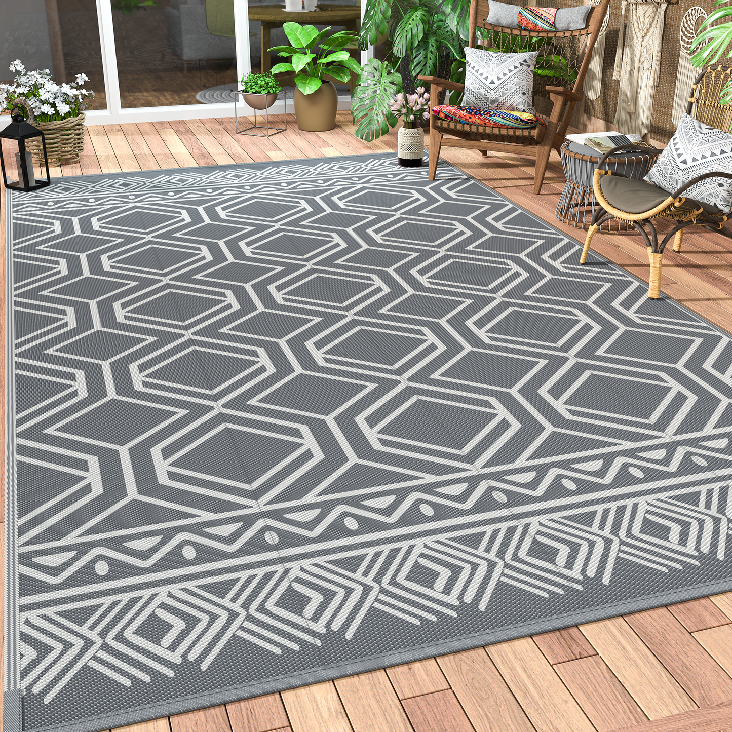 GENIMO Boho Outdoor Rug Waterproof for Patio Clearance, Reversible Camping Mat, Outside Plastic Straw Area Rugs for Rv, Deck, Camper, Balcony, Backyard